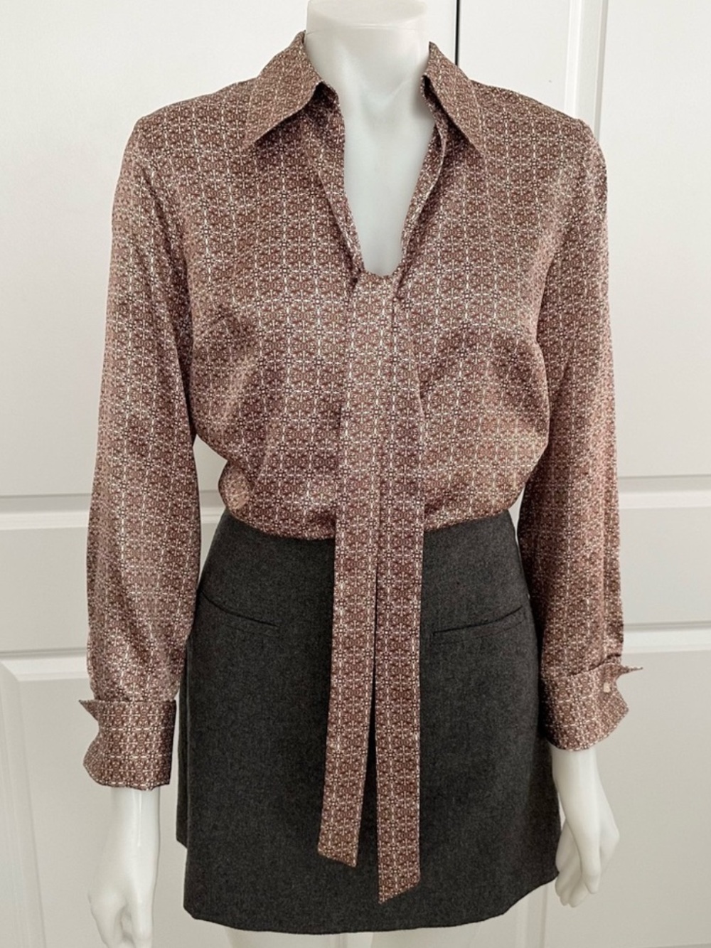 Fall Satin Tie Front Patterned Button Down Blouse Shirt With French Cuffs